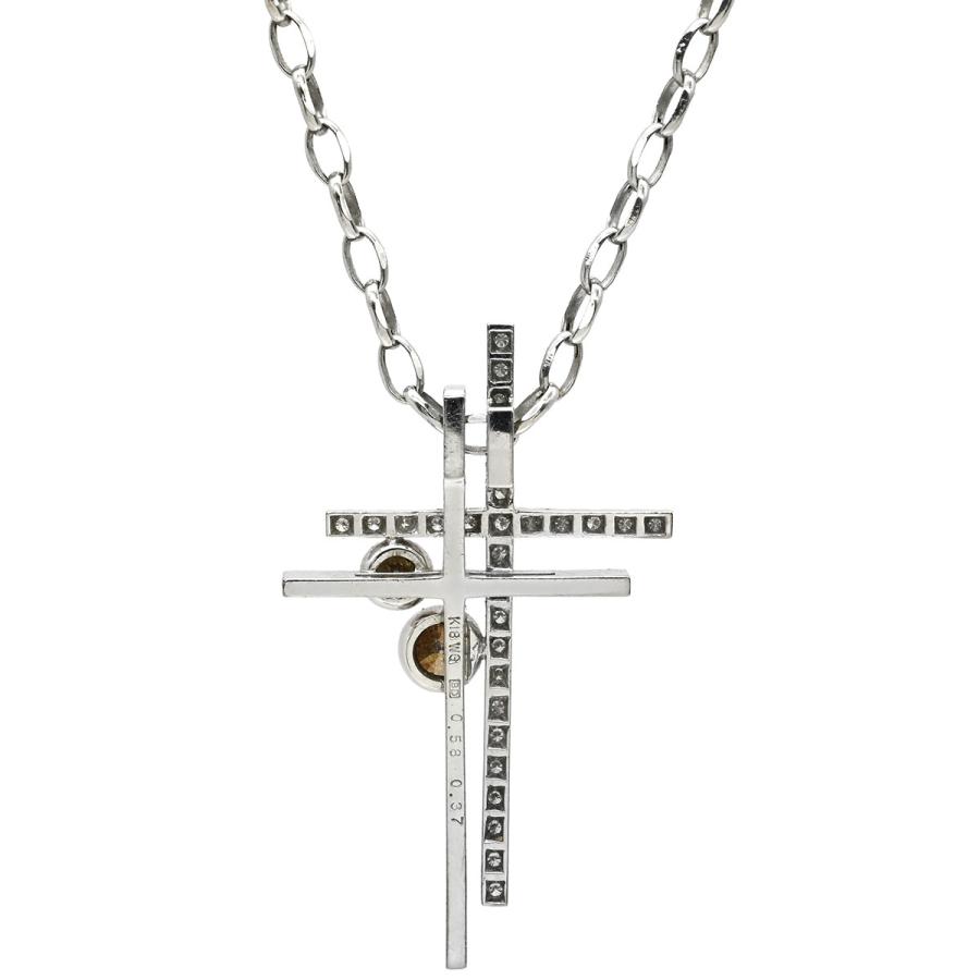 K18WG ダブルクロス ネックレス シルバー刻印あり カシケイ ネックレス ダブルクロス ブラウンダイヤ ペンダント K18WG