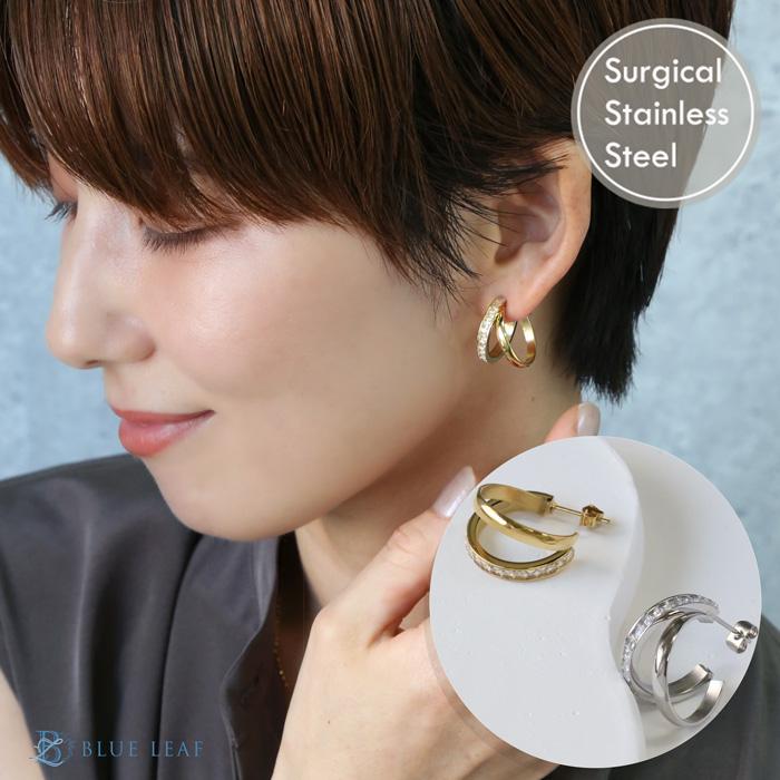 BLUE LEAF（ブルーリーフ） ピアス 2連 ダブルフープ CZダイヤ ライン