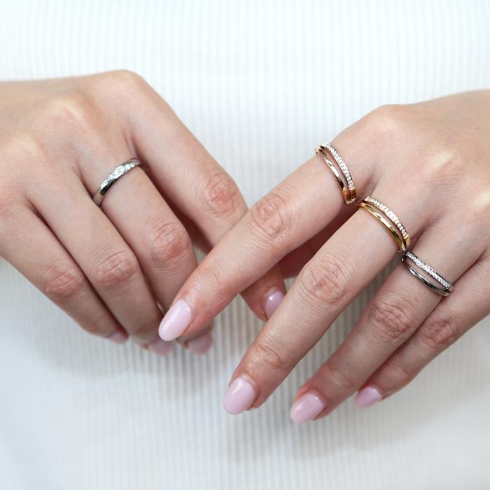 リング 指輪 5mm CZダイヤ ステンレスリング レイヤード風 2連 重ね ニッケルフリー キュービックジルコニア 金属アレルギー 華奢 アクセサリー レディース | BLUE LEAF | 01