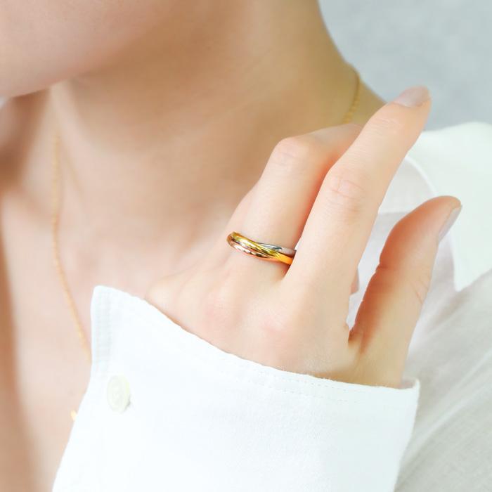 ステンレス リング 3連リング トリプル 銀色 金色 ピンクゴールドミックス 指輪 サージカルステンレス トリニティリング | BLUE LEAF | 10