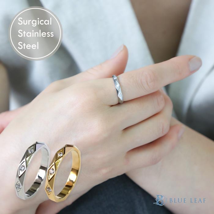 リング 指輪  ステンレス ダイヤカット キュービックジルコニア CZダイヤ 3個 サージカルステンレス 甲丸 9〜17号 ひし形カット キラキラ k18コーティング | BLUE LEAF