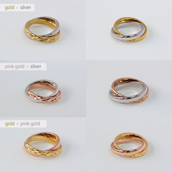 ステンレス リング 2連リング ダブル 銀色 金色 ピンクゴールド ミックス 指輪 サージカルステンレス ダブルリング | BLUE LEAF | 12