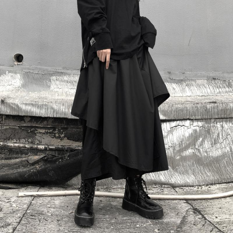 ファッションデザイナー カーゴパンツ ワイド ボトムス ユニセックス メンズ 袴パンツ 黒 L 韓国