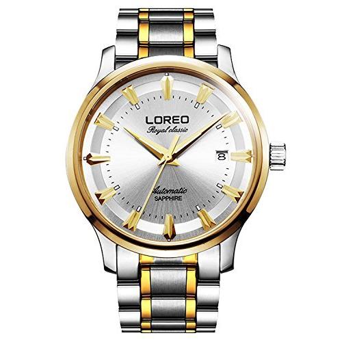 最も信頼できる Loreoメンズ自動サファイアガラスゴールドとシルバーステンレススチール日付ホワイト防水Watches 腕時計
