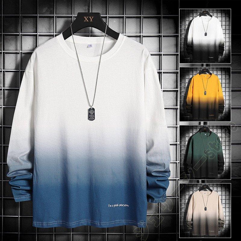 長袖tシャツ メンズ トレーナー グラデーション ｔシャツ メンズファッション ドロップショルダー メンズトップス 大きいサイズあり 長袖カットソー おしゃれ 17年最新海外