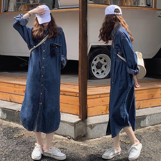 デニムワンピース ロング ワンピース 長袖 デニムコート レディース ロングワンピ 体型カバー 春秋 長袖ワンピース デニム スプリングコート Bjt65 Bluestar 通販 Yahoo ショッピング