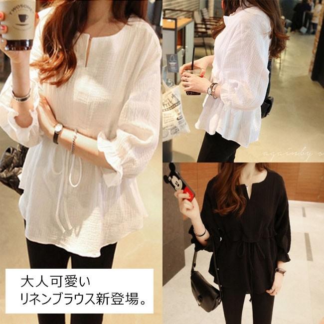 ブラウス レディース 7分袖 スリットネック リネン 無地 リボン パフスリーブ フリル 大きいサイズ トップス ゆったり Tシャツ 春 夏 秋 Hat4 Bluestar 通販 Yahoo ショッピング