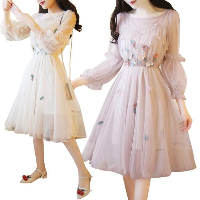 ワンピース レディース 膝丈ワンピース チュール 透け感 フリル 花飾り 七分袖 重ね着 エレガント レディース服