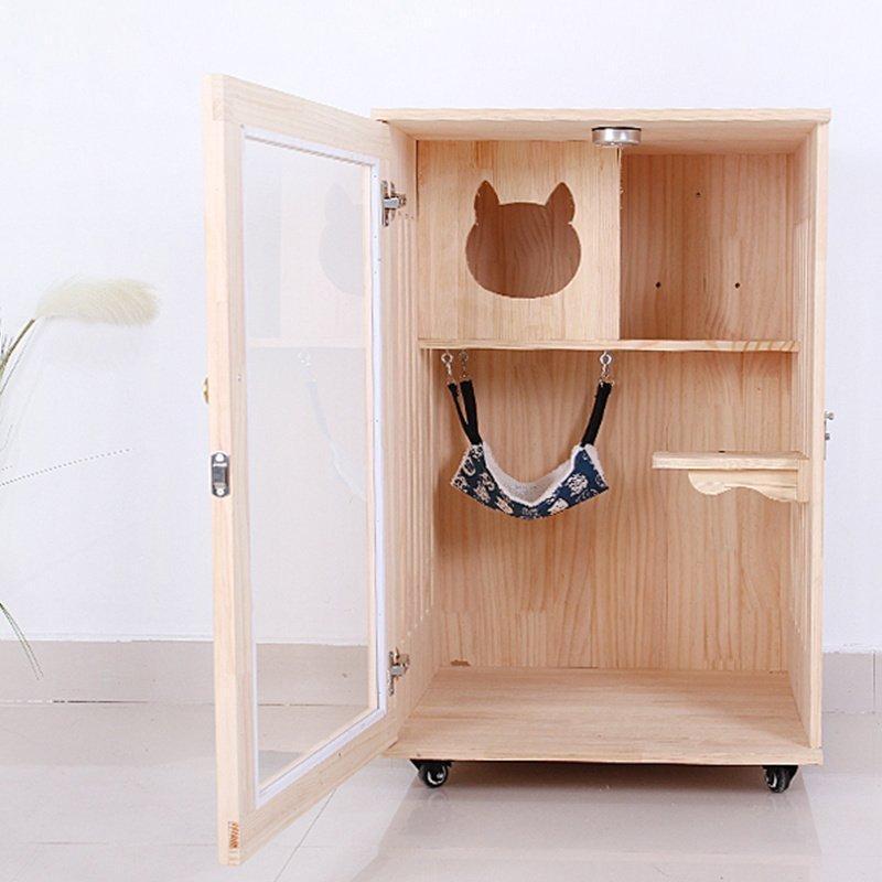 ペット用品　猫用キャビネット ネコトイレ 棚 リビング キャットトイレ 家具 木製キャットケージ　ヴィラ　　無垢材