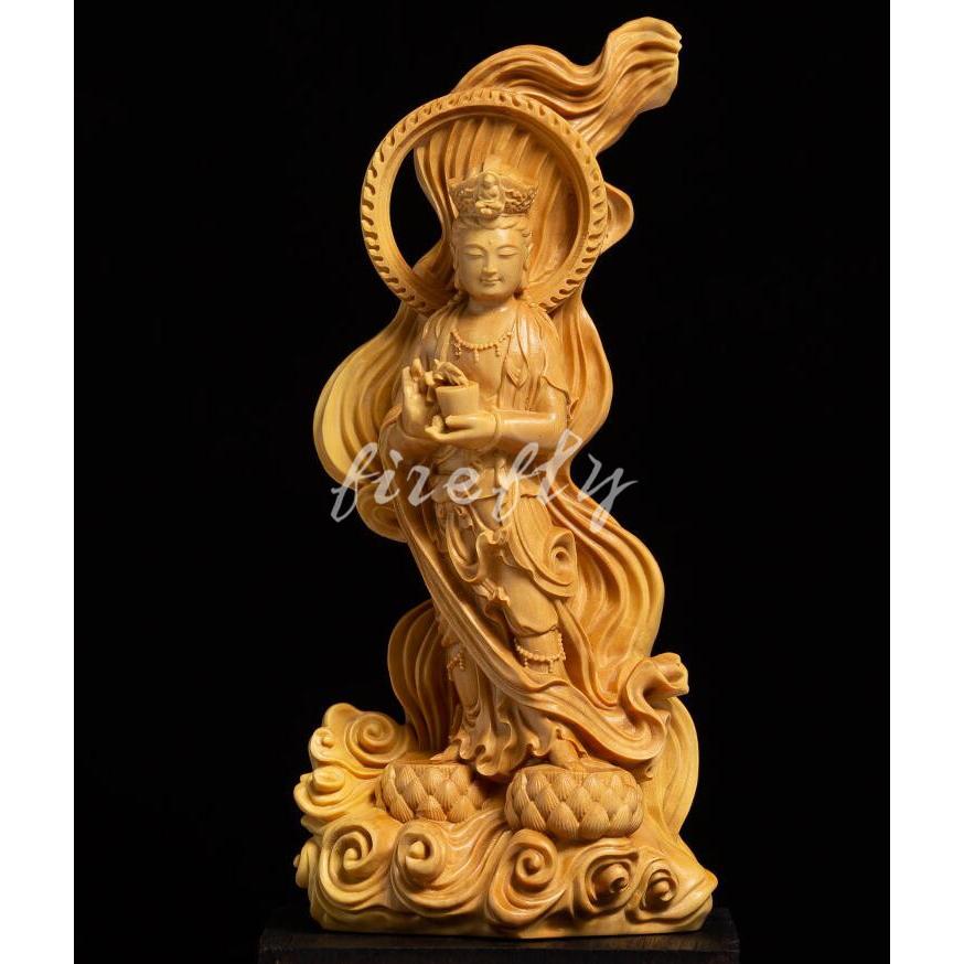 『渡海観音菩薩』仏教美術 柘植製高級木彫り・木彫仏像・木造渡海観音菩薩像・インテリア 置物・彫刻・工芸品 総高15cm