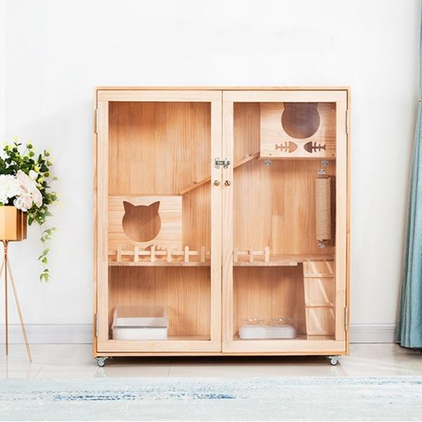 ペットハウス キャットタワー 猫ハウス 猫用 大型猫 ネコタワー動物ハウス【猫の部屋】透明なドア 別荘 猫キャビネット 転倒防止 二つドア