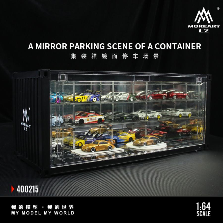 1/64 レーシングガレージジオラマ LED付き アクリルケース付きミニカー模型 MoreArt 1/64 コンテナ ディスプレイケース ミラー LEDライト付き