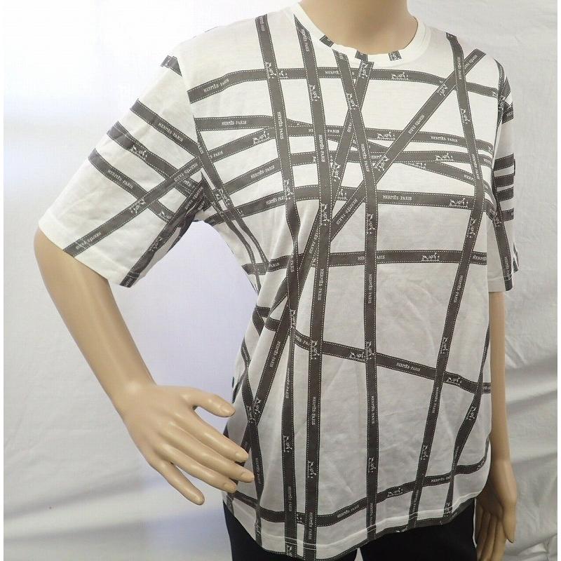 素敵な U アウトレット L カーキグリーン ホワイト 白 コットン100 ボルデュック柄 ラウンドネック 半袖 Tシャツ レディース エルメス Hermes シャツ ブラウス