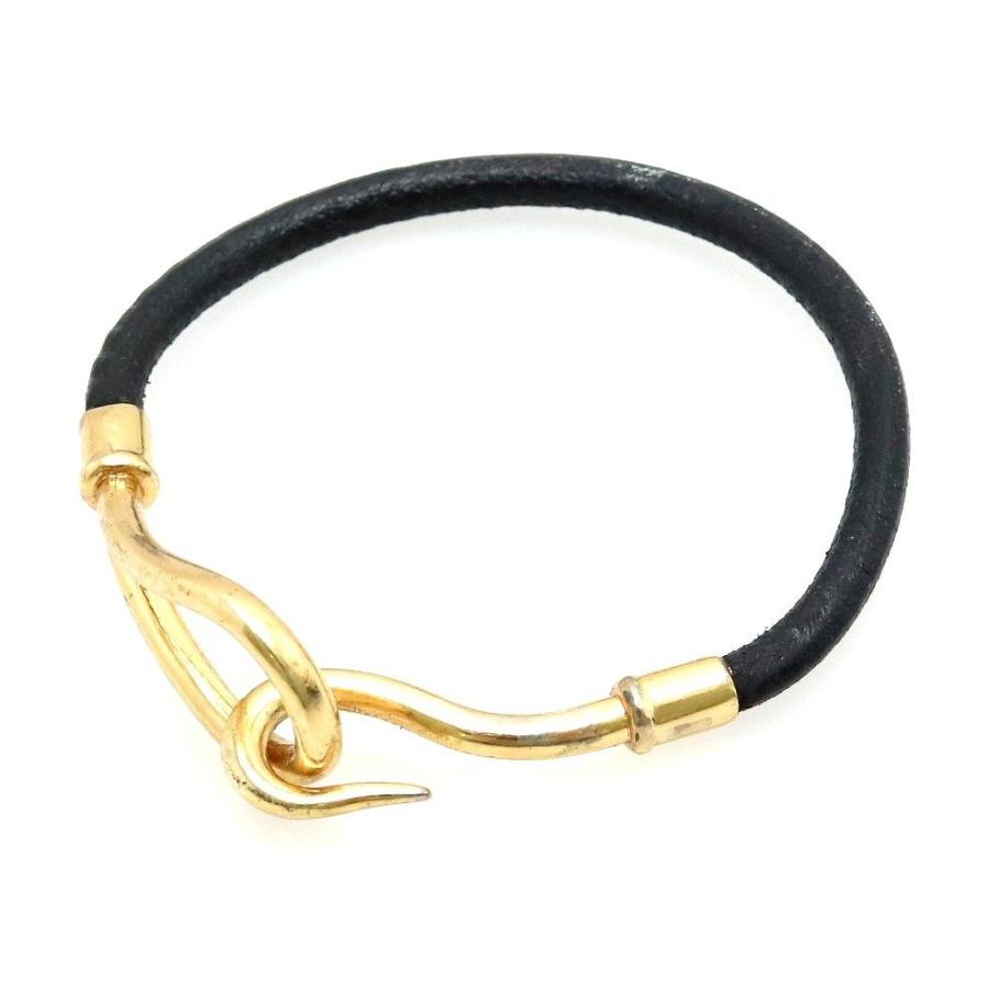 経典ブランド Hermes エルメス K 中古 ゴールド金具 レザー 革 黒 ブラック ブレスレット ジャンボブレス メンズアクセサリー Dagl Tg
