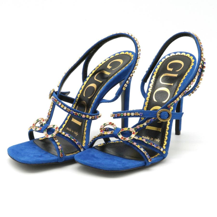 GUCCI グッチ サンダル ピンヒール リボン ハートソール スエード ラインストーン ブルー 青 #34 日本サイズ約21cm | GUCCI