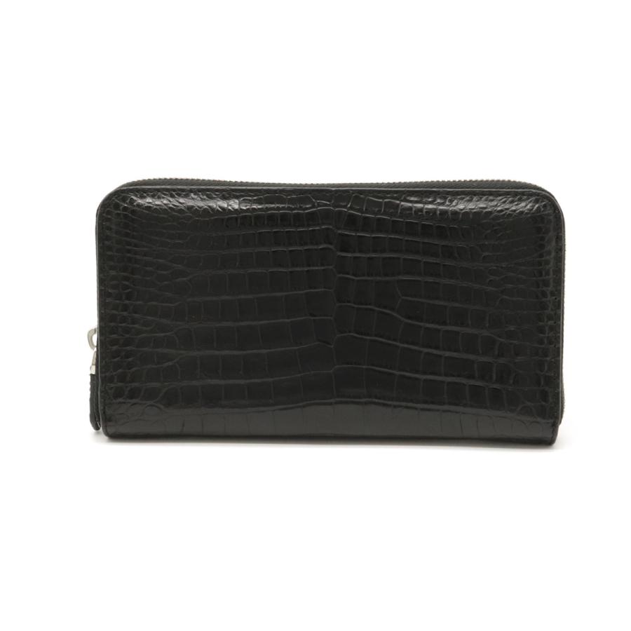 クロコダイル ワニ革 レザー ラウンドファスナー 長財布 ブラック 黒 シルバー金具 | 