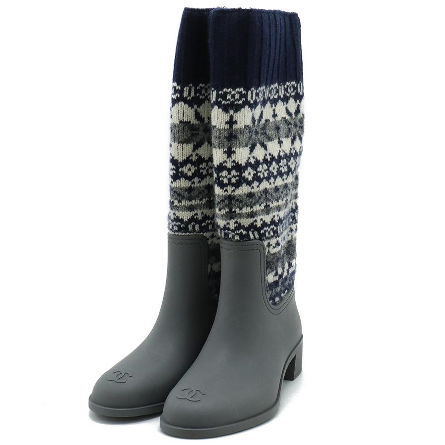 CHANEL シャネル ロングブーツ ノルディック ウール ラバー ネイビー グレー ホワイト #37 日本サイズ約23.5cm G29290Y15249 | CHANEL