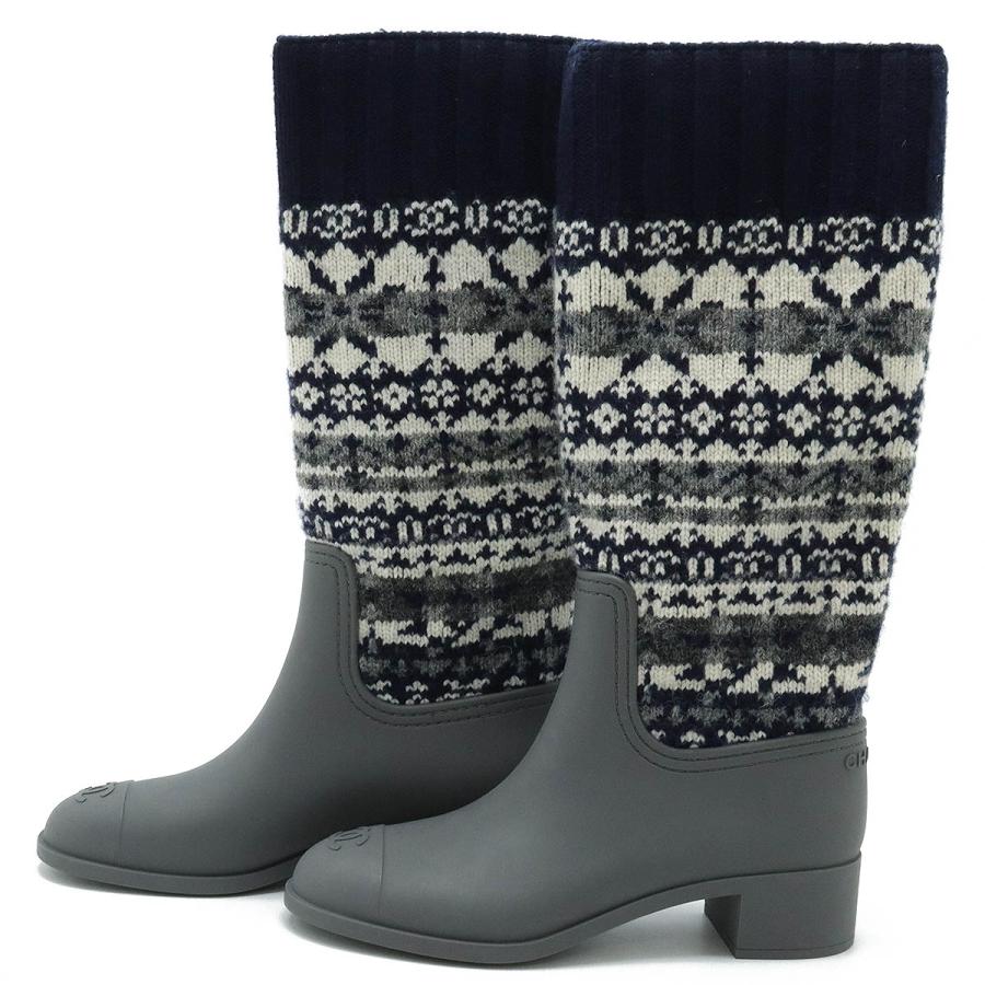 CHANEL シャネル ロングブーツ ノルディック ウール ラバー ネイビー グレー ホワイト #37 日本サイズ約23.5cm G29290Y15249 | CHANEL | 01