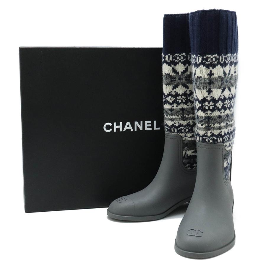 CHANEL シャネル ロングブーツ ノルディック ウール ラバー ネイビー グレー ホワイト #37 日本サイズ約23.5cm G29290Y15249 | CHANEL | 06