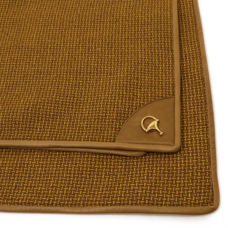GUCCI グッチ ブランケット ひざ掛け 毛布 布団 ラムウール80% カシミヤ20% カシミア レザー ブラウン 茶 イエロー 黄色 ゴールド金具 | GUCCI | 03
