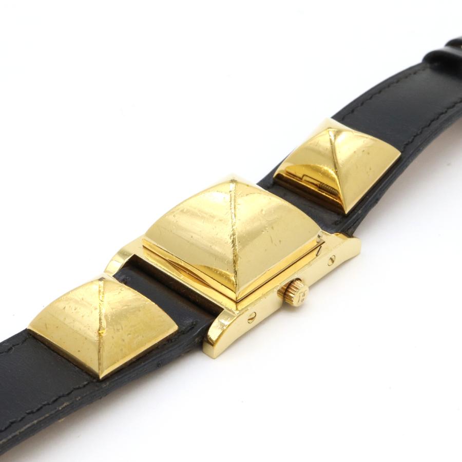 HERMES エルメス メドール ホワイト文字盤 GP ゴールドメッキ ブラック 黒 レザー レディース クォーツ 腕時計 刻印○X ME1.201 | HERMES | 05