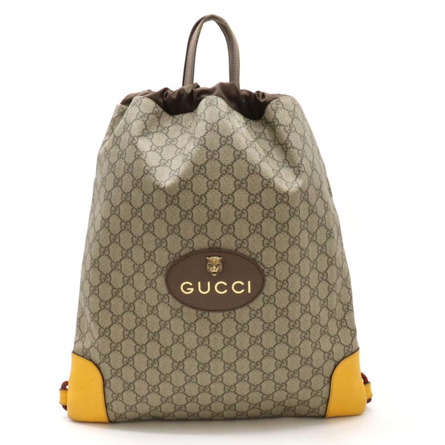 GUCCI グッチ GGスプリーム キャットヘッド ドローストリング バックパック リュック PVC ベージュ ダークブラウン イエロー 黄色 473872 | GUCCI