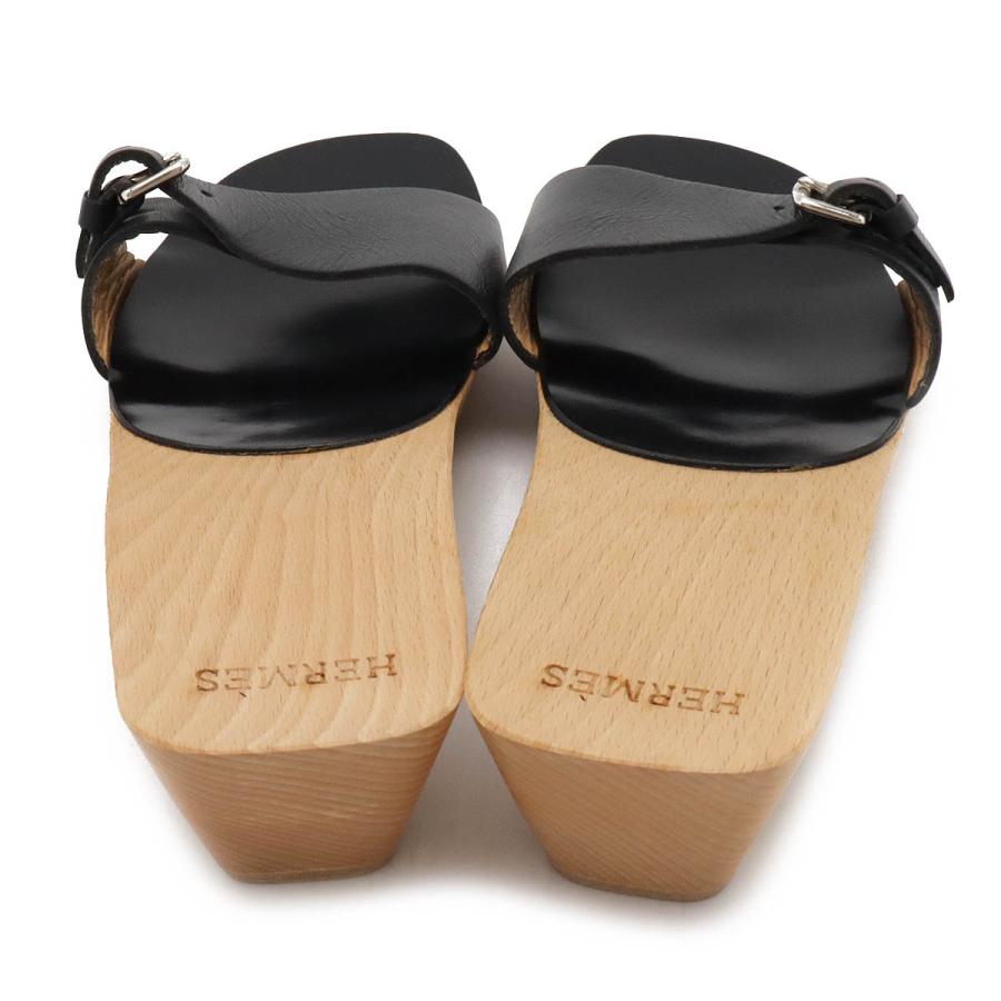 HERMES エルメス ウッドサンダル ミュール ベルトモチーフ レザー ブラック 黒 シルバー金具 #37 日本サイズ約24cm | HERMES | 02