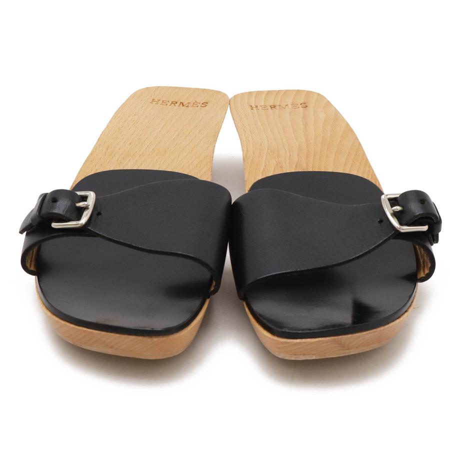 HERMES エルメス ウッドサンダル ミュール ベルトモチーフ レザー ブラック 黒 シルバー金具 #37 日本サイズ約24cm | HERMES | 03