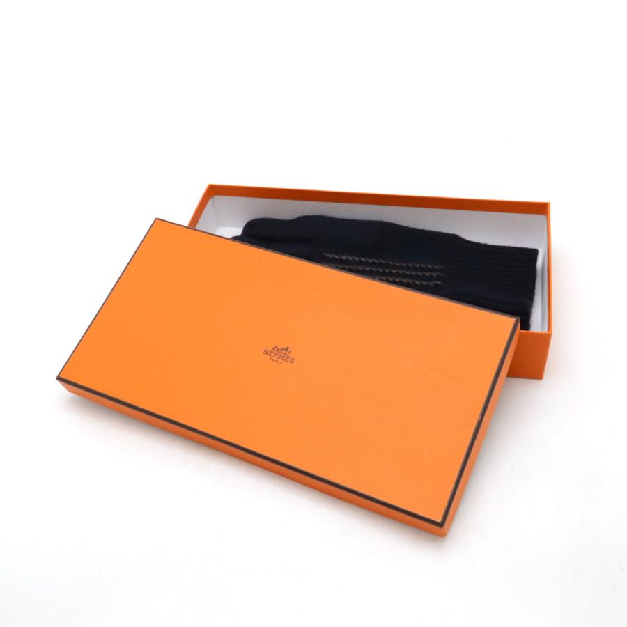 HERMES エルメス グローブ 手袋 ニット ネイビー 紺 ダークブラウン 茶 カシミヤ100% レザー #L | HERMES | 03