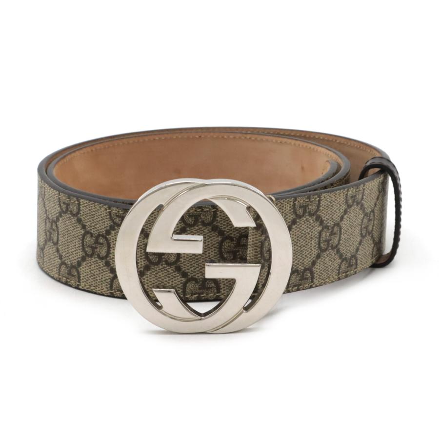 GUCCI グッチ GGスプリーム インターロッキング Gバックル ベルト PVC レザー ベージュ ダークブラウン シルバー金具 #90 411924 | GUCCI