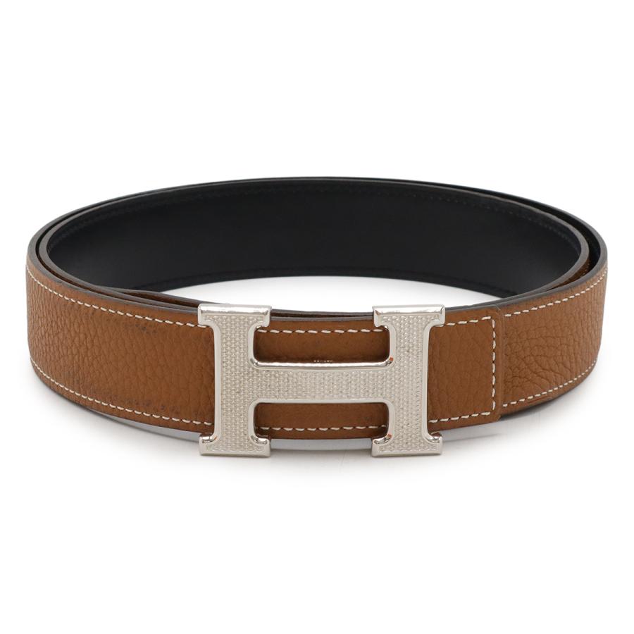 HERMES エルメス Hギヨシェ Hベルト リバーシブル レザー キャメル ライトブラウン ブラック 黒 シルバー金具 #95 □M刻印 | HERMES
