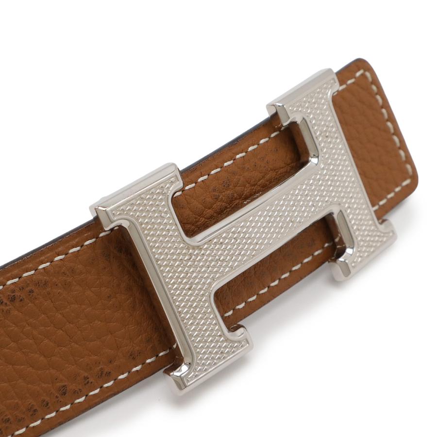 HERMES エルメス Hギヨシェ Hベルト リバーシブル レザー キャメル ライトブラウン ブラック 黒 シルバー金具 #95 □M刻印 | HERMES | 02