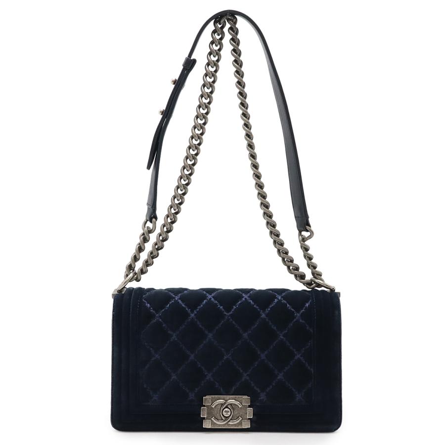 CHANEL シャネル ボーイシャネル ココマーク チェーンショルダー ショルダーバッグ 斜め掛け　ベロア ネイビー シルバー金具 A67086 CHANEL（シャネル） ボーイシャネル ココマーク チェーンショルダー