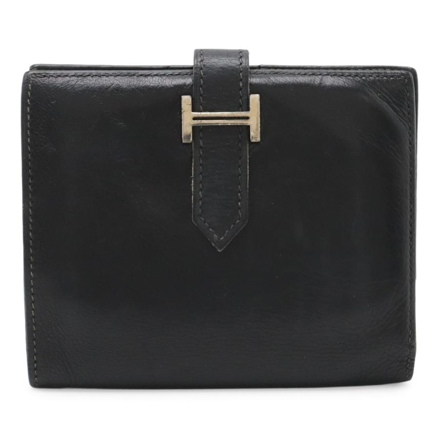 HERMES エルメス ベアンコンパクト 2つ折り財布 二つ折り財布 レザー ブラック 黒 シルバー金具 □H刻印 | HERMES