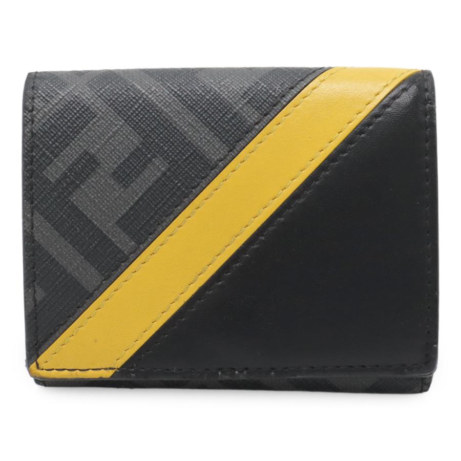 FENDI フェンディ ダイアゴナル ズッカ柄 コンパクトウォレット 3つ折財布 三つ折り長財布 PVC レザー ブラック 黒 イエロー 黄色 グレー 7M0280 | FENDI