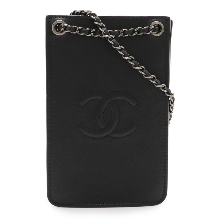 CHANEL シャネル ココマーク ポシェット チェーンショルダーバッグ スマホケース スマホポーチ 携帯 レザー ブラック シルバー金具 A92304 CHANEL（シャネル） ココマーク ポシェット チェーンショルダーバッグ