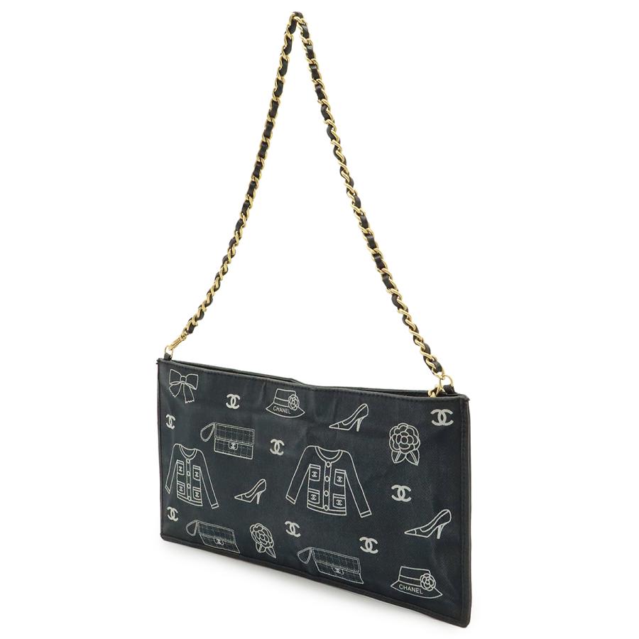 CHANEL シャネル アイコンプリント チェーンショルダー ショルダーバッグ キャンバス レザー ブラック 黒 ゴールド金具