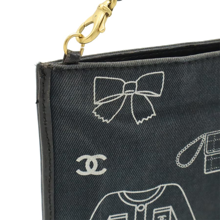 CHANEL シャネル アイコンプリント チェーンショルダー ショルダーバッグ キャンバス レザー ブラック 黒 ゴールド金具