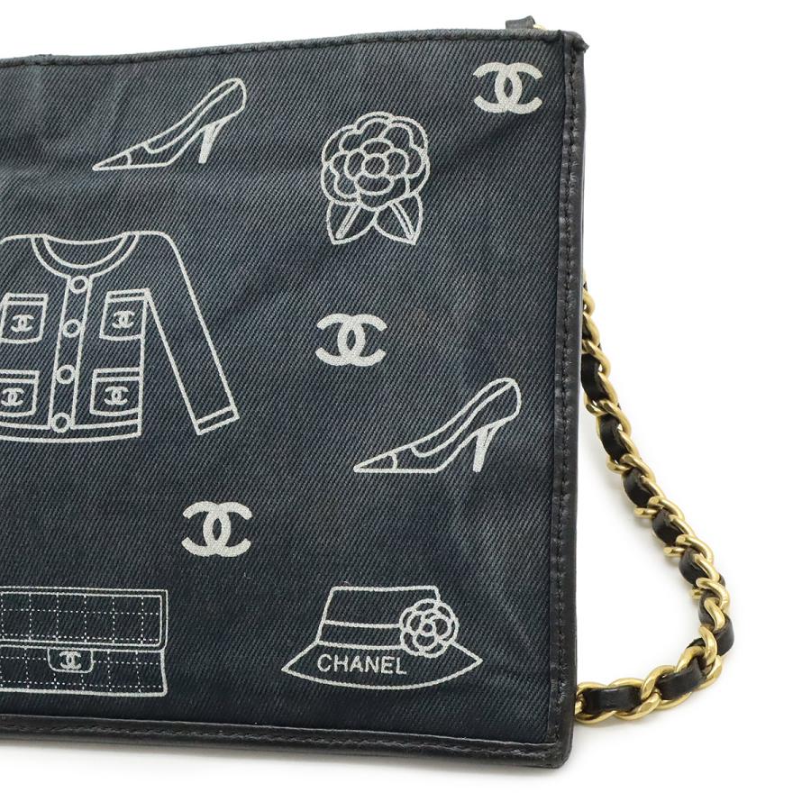 CHANEL シャネル アイコンプリント チェーンショルダー ショルダーバッグ キャンバス レザー ブラック 黒 ゴールド金具