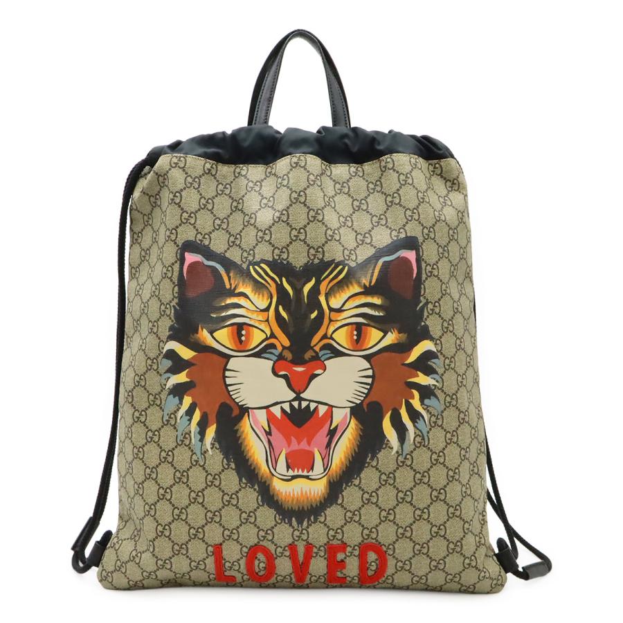 GUCCI グッチ GGスプリーム アングリーキャット LOVED ドローストリング バックパック リュックサック 巾着 PVC ベージュ ダークブラウン | GUCCI