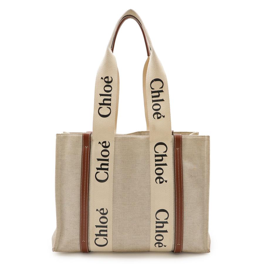 Chloe クロエ Woody ウッディ ミディアム トートバッグ ショルダーバッグ リネンキャンバス レザー ベージュ ブラウン CHC21VS383E66 | Chloe
