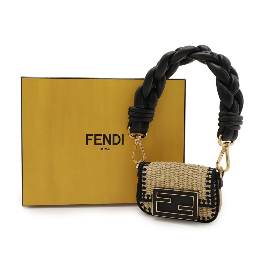 FENDI フェンディ ナノ バゲット チャーム ミニバッグ チェーンショルダーバッグ バッグチャーム 3WAY ラフィア ナチュラル ブラック 黒 7AR996 | FENDI | 08