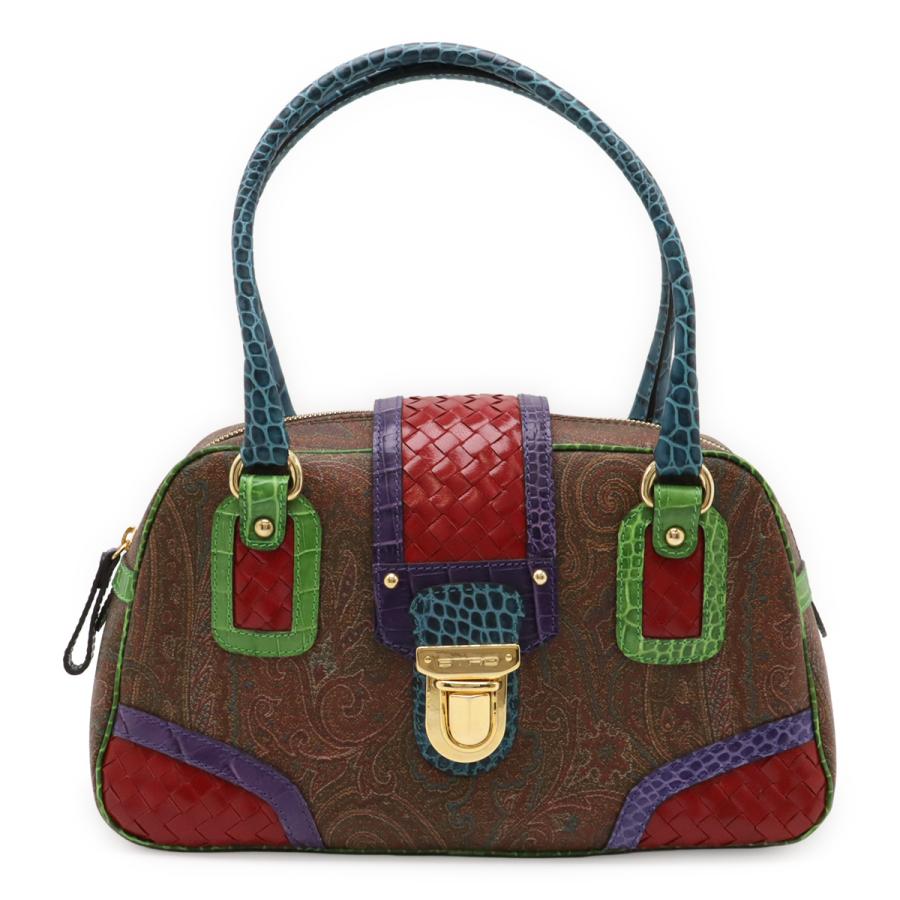 ETRO エトロ ペイズリー柄 クロコ型押し ハンドバッグ トートバッグ コーティングキャンバス レザー ブラウン マルチカラー ETRO（エトロ） ペイズリー柄 クロコ型押し ハンドバッグ トートバッグ