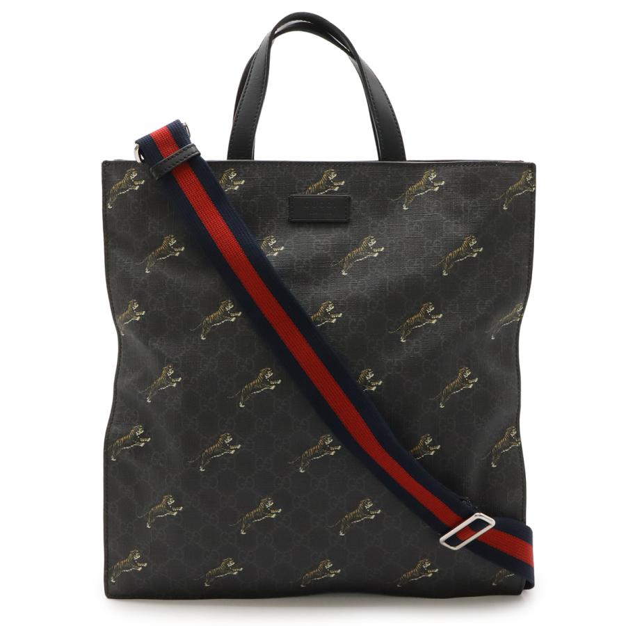 GUCCI グッチ GGスプリーム タイガー ウェブライン トートバッグ 2WAY ショルダーバッグ 斜め掛け PVC レザー ダークグレー 495559 | GUCCI