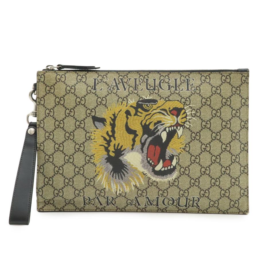 GUCCI グッチ GGスプリーム クラッチバッグ セカンドバッグ タイガー 虎 トラ プリント PVC レザー カーキベージュ マルチカラー 473904 | GUCCI
