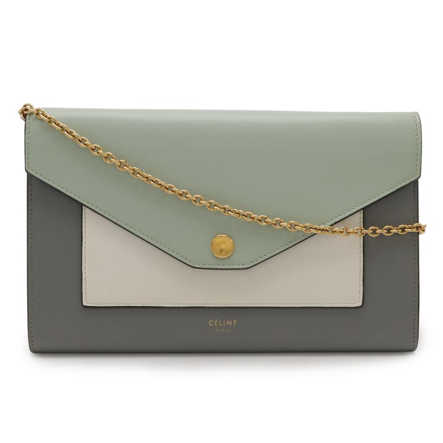 CELINE セリーヌ ポケット ラージフラップ チェーンウォレット ショルダーバッグ 2WAY クラッチバッグ レザー グレー ミント ゴールド金具 CELINE（セリーヌ） ポケット ラージフラップ チェーンウォレット
