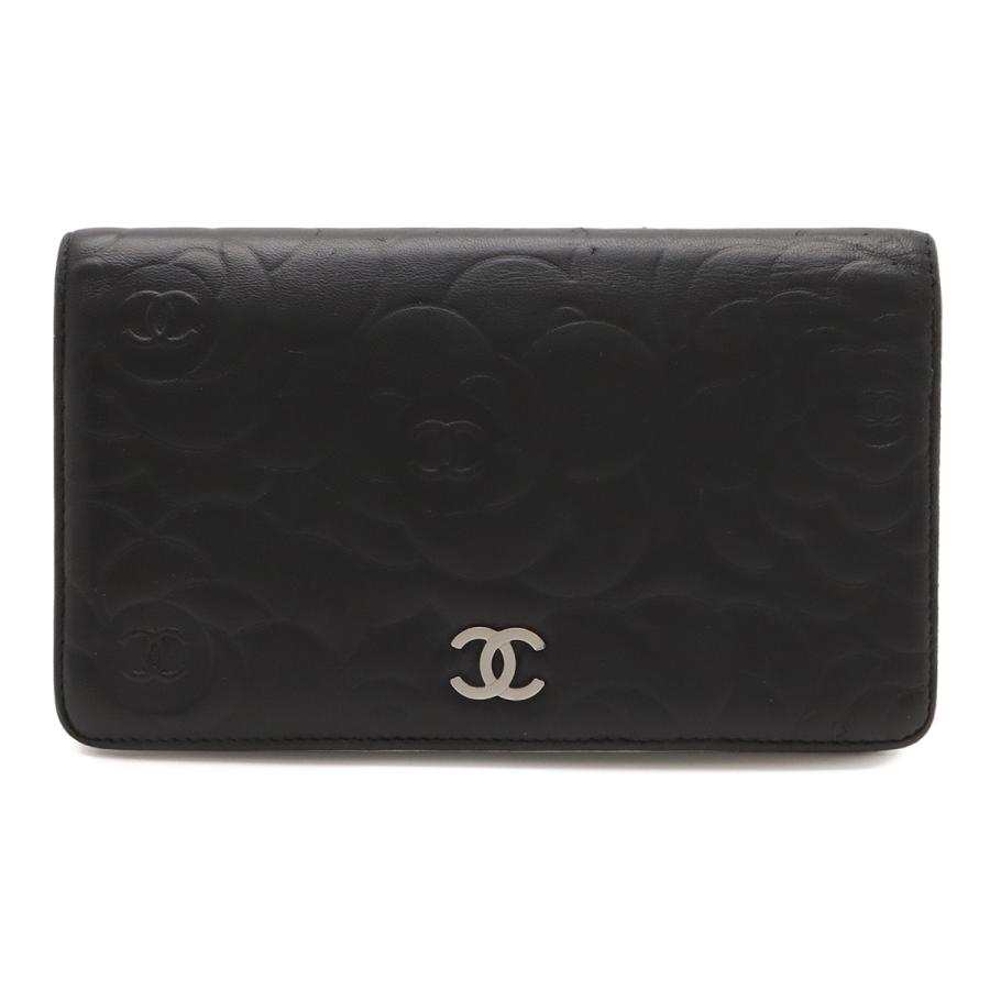 CHANEL シャネル カメリア エンボス ココマーク 2つ折長財布 二つ折り レザー ブラック 黒 シルバー金具 A36544 | CHANEL