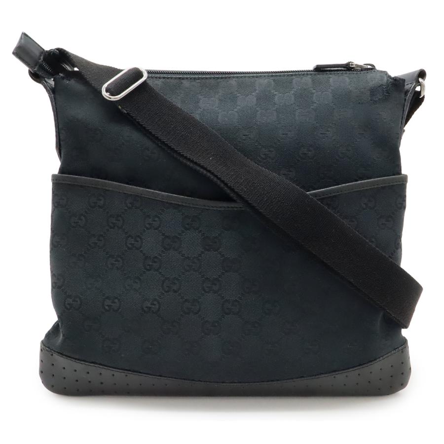GUCCI グッチ GGキャンバス ショルダーバッグ メッセンジャーバッグ 斜め掛け パンチング レザー ブラック 黒 シルバー金具 145857 | GUCCI