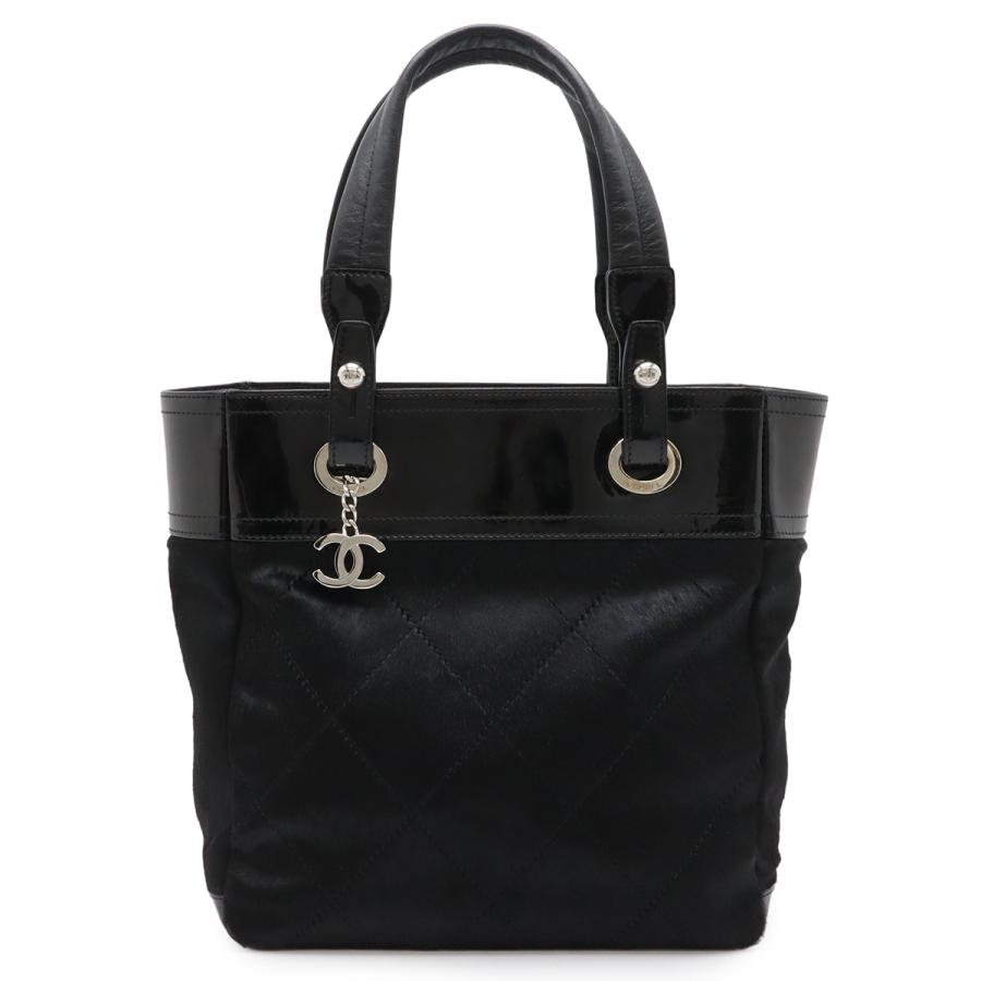 CHANEL シャネル パリビアリッツ トートPM トートバッグ ショルダーバッグ ハラコ エナメル レザー ブラック 黒 シルバー金具 A34208 | CHANEL