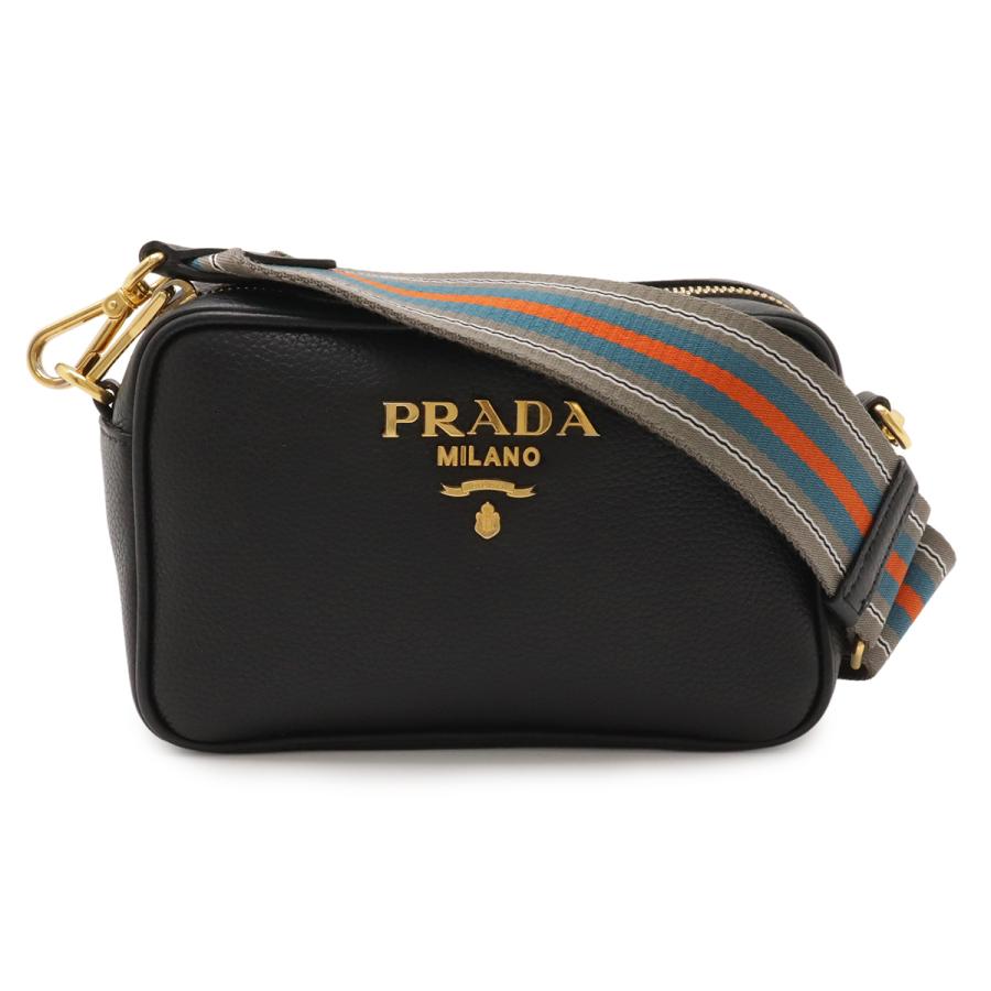 PRADA プラダ ロゴ ショルダーバッグ ストライプショルダー ポシェット 2WAY クラッチバッグ レザー NERO 黒 ブラック ゴールド金具 | PRADA
